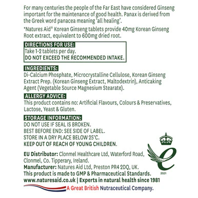 Natures Aid Korean Ginseng 40mg (600mg equiv) 90 Tablets - Image 2